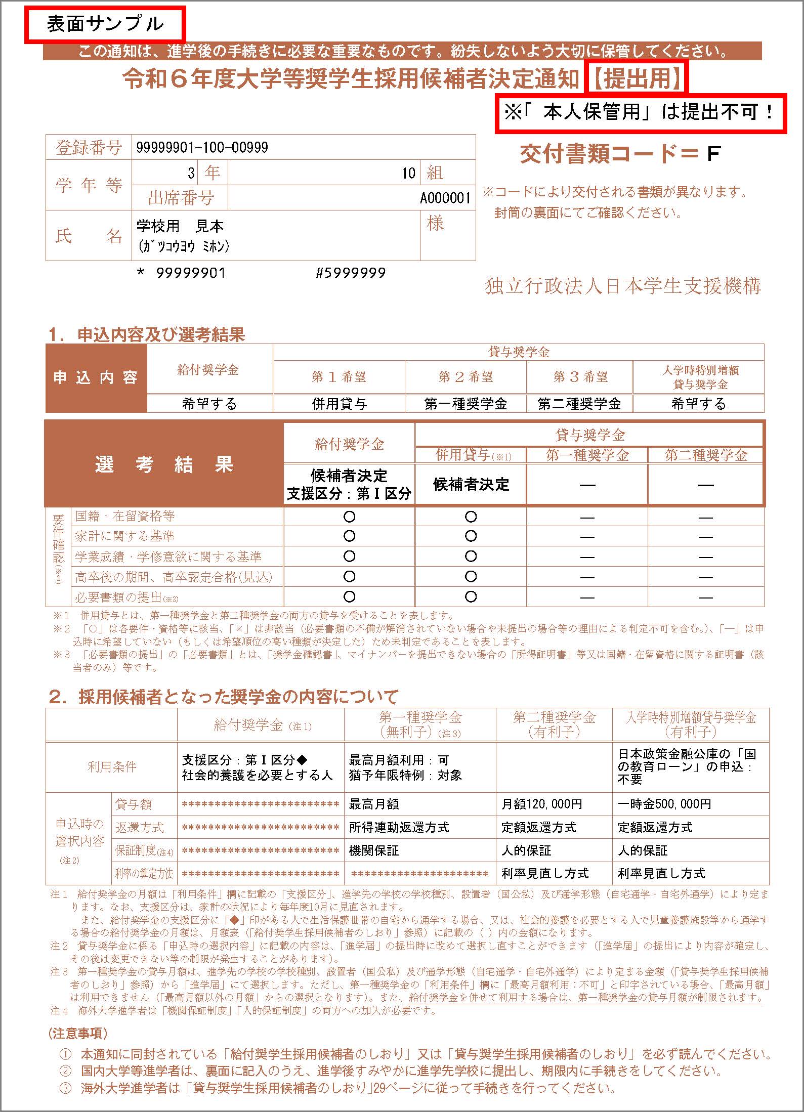 「奨学生採用候補者通知(提出用)」表面サンプル